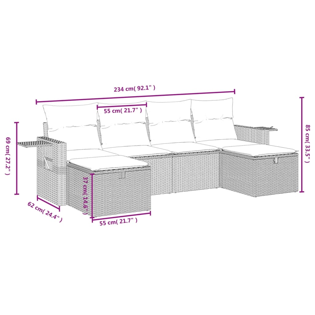 vidaXL 6-tlg. Garten-Sofagarnitur mit Kissen Schwarz Poly Rattan