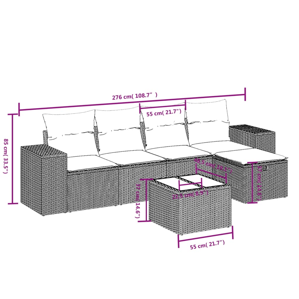 vidaXL 6-tlg. Garten-Sofagarnitur mit Kissen Schwarz Poly Rattan
