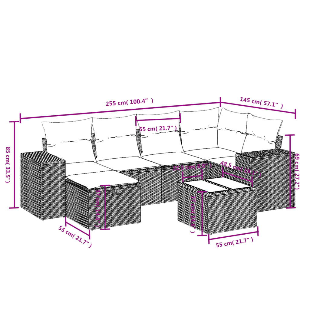 vidaXL 7-tlg. Garten-Sofagarnitur mit Kissen Schwarz Poly Rattan