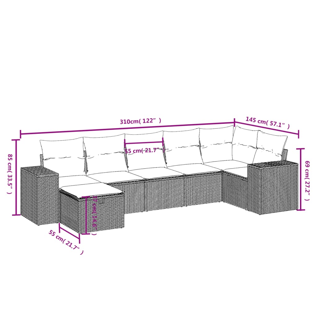 vidaXL 7-tlg. Garten-Sofagarnitur mit Kissen Grau Poly Rattan