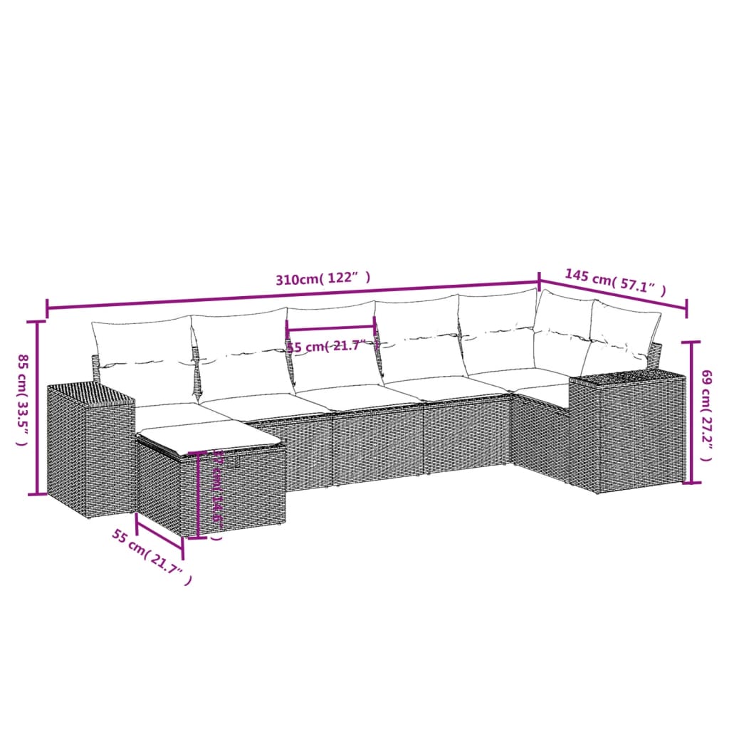 vidaXL 7-tlg. Garten-Sofagarnitur mit Kissen Braun Poly Rattan