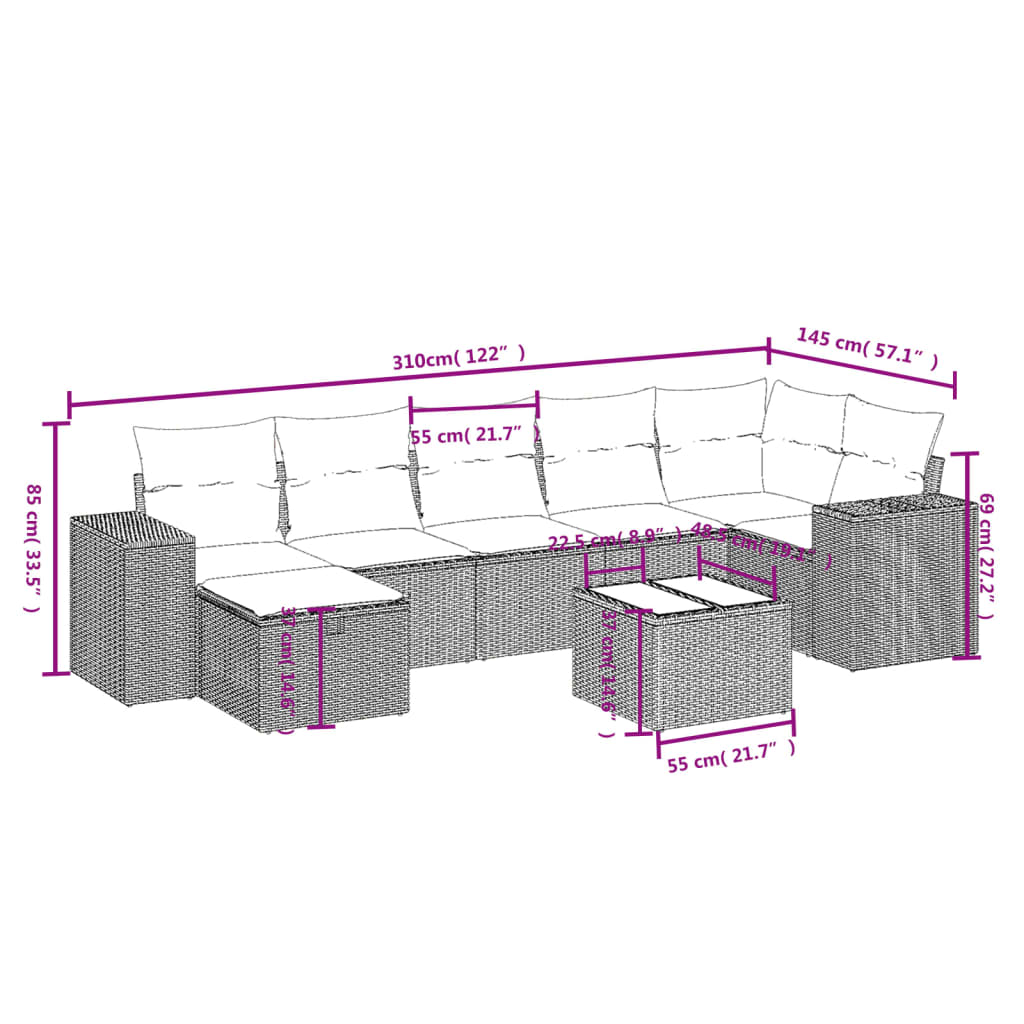 vidaXL 8-tlg. Garten-Sofagarnitur mit Kissen Braun Poly Rattan