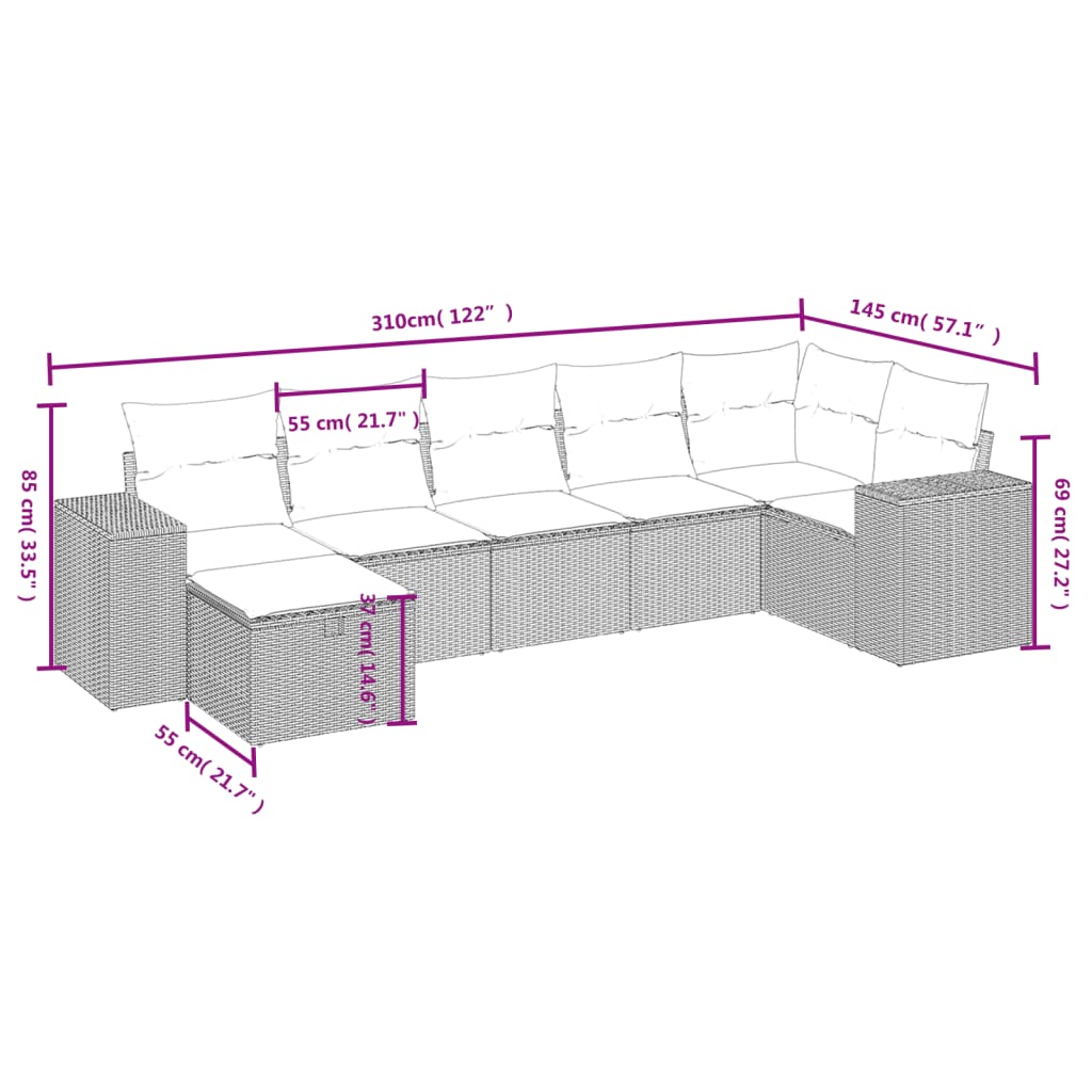 vidaXL 7-tlg. Garten-Sofagarnitur mit Kissen Beige Poly Rattan