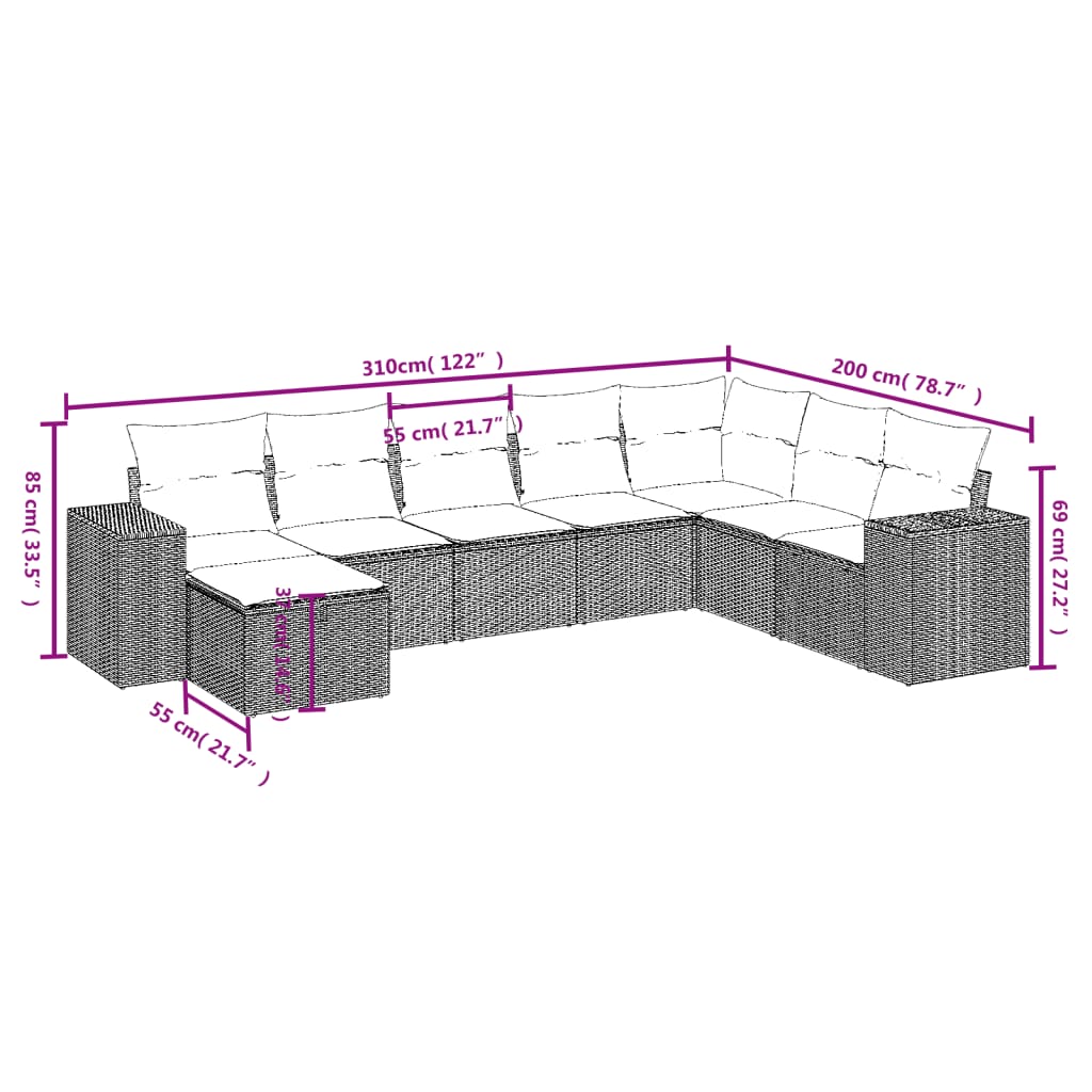 vidaXL 8-tlg. Garten-Sofagarnitur mit Kissen Schwarz Poly Rattan
