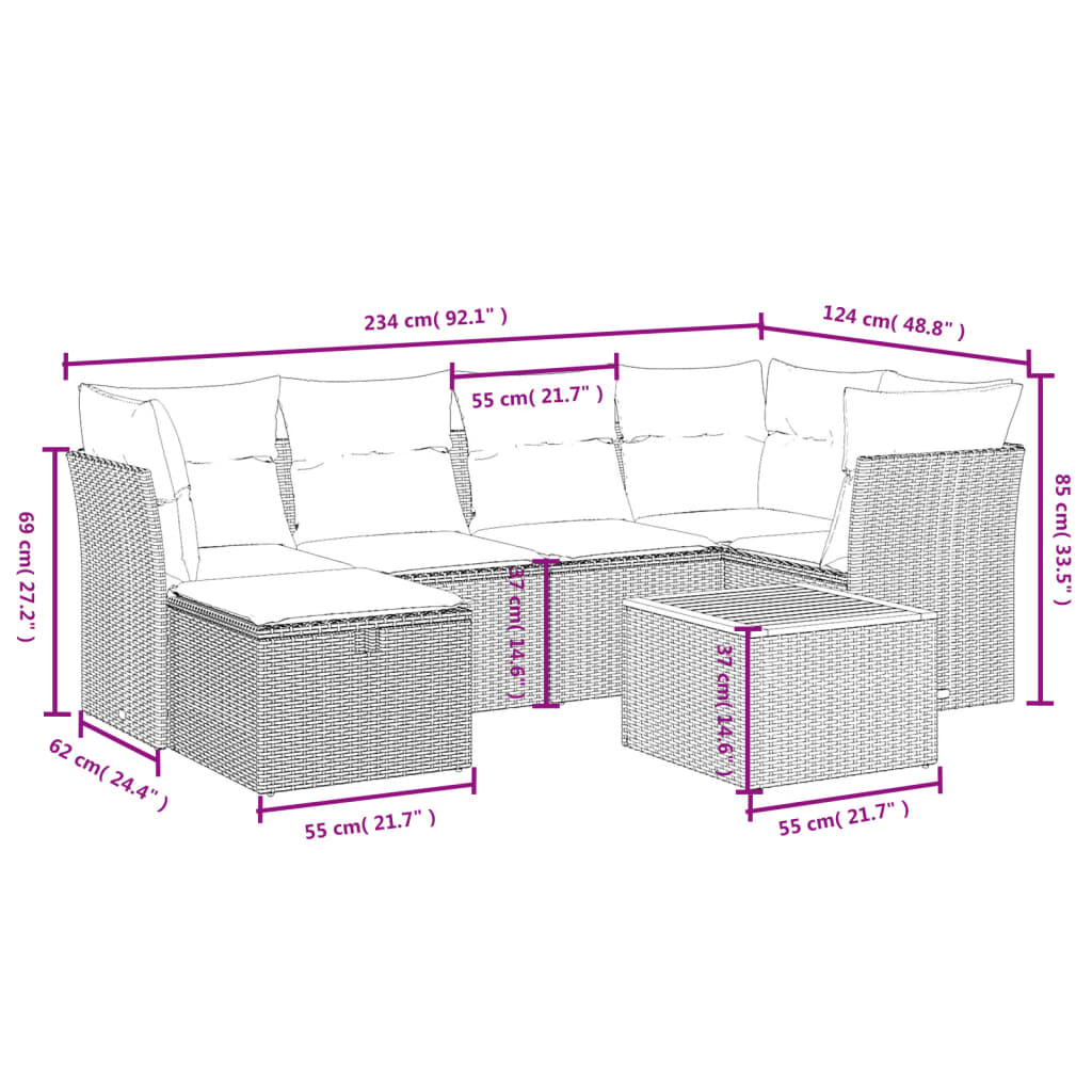 vidaXL 7-tlg. Garten-Sofagarnitur mit Kissen Beige Poly Rattan