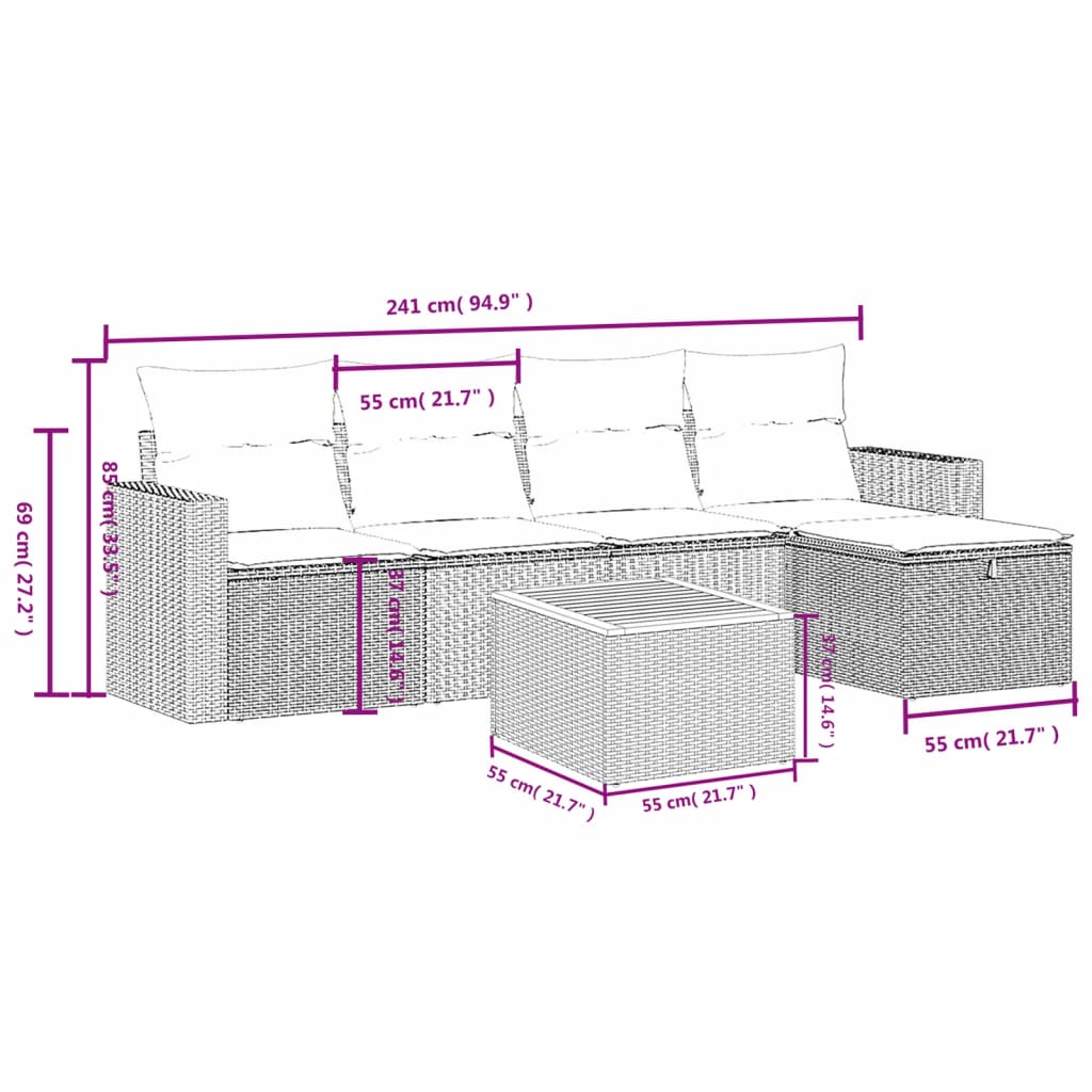 vidaXL 6-tlg. Garten-Sofagarnitur mit Kissen Schwarz Poly Rattan