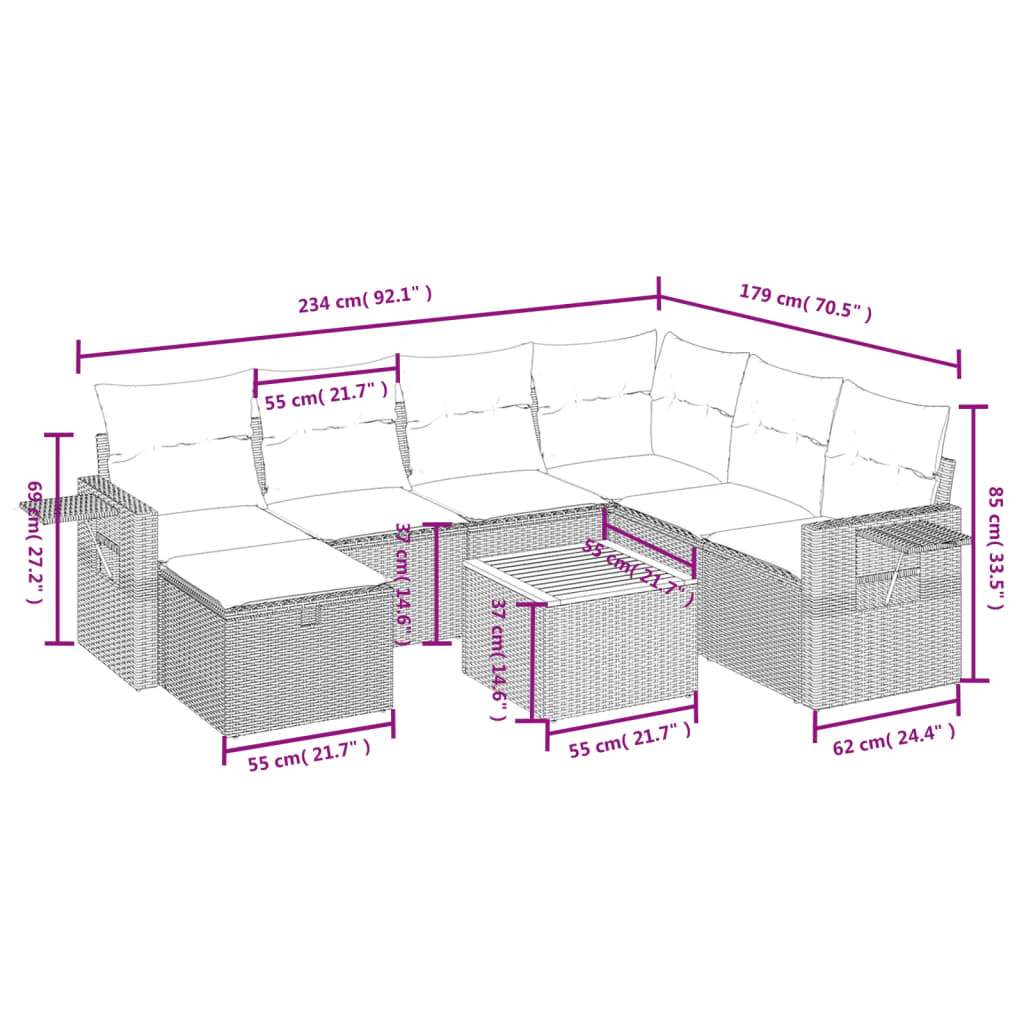 vidaXL 8-tlg. Garten-Sofagarnitur mit Kissen Beige Poly Rattan