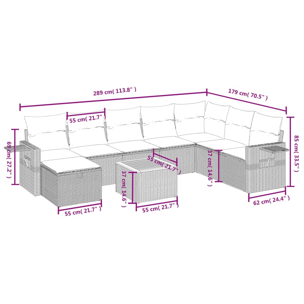 vidaXL Salon de jardin 9 pcs avec coussins Résine tressée Beige