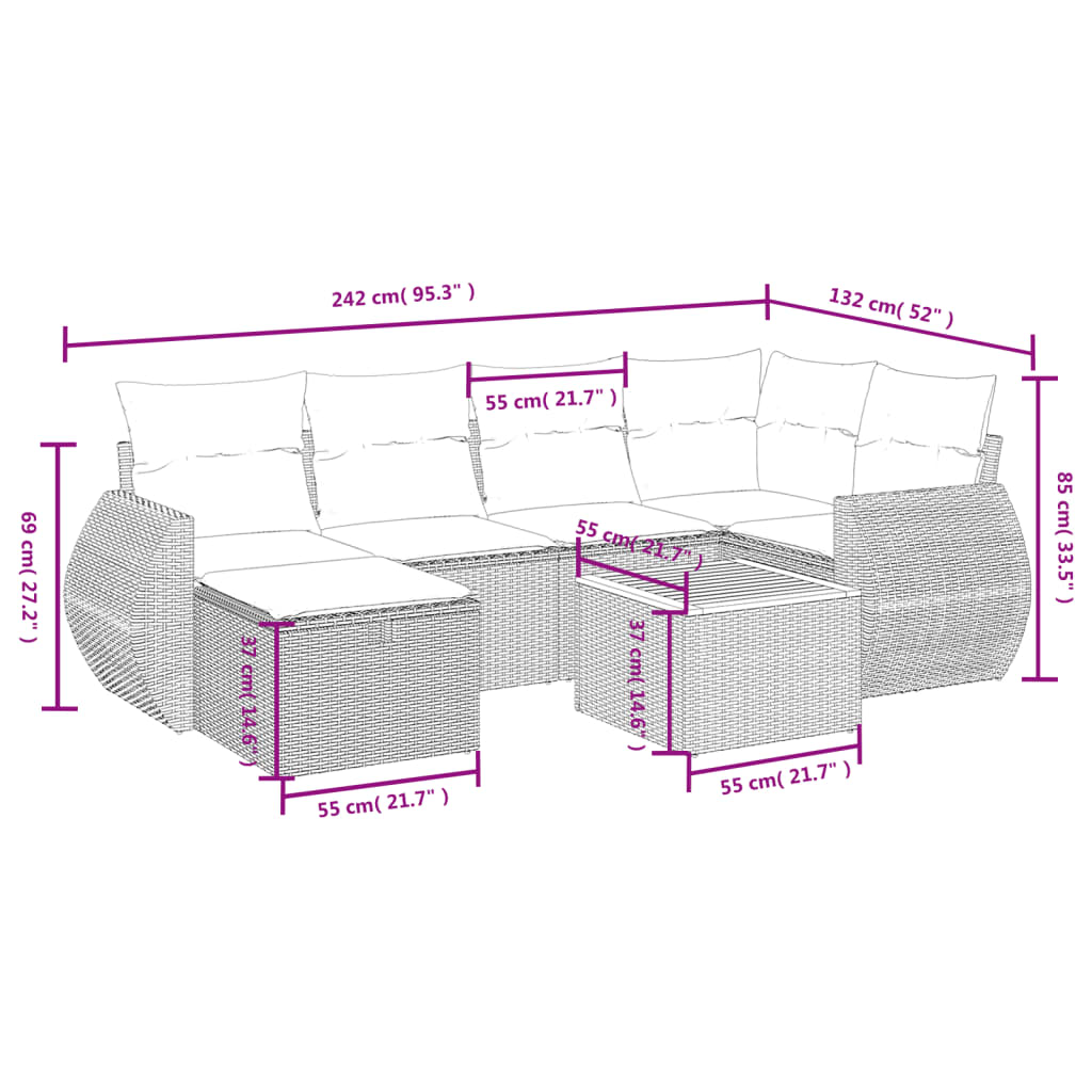 vidaXL 7-tlg. Garten-Sofagarnitur mit Kissen Grau Poly Rattan