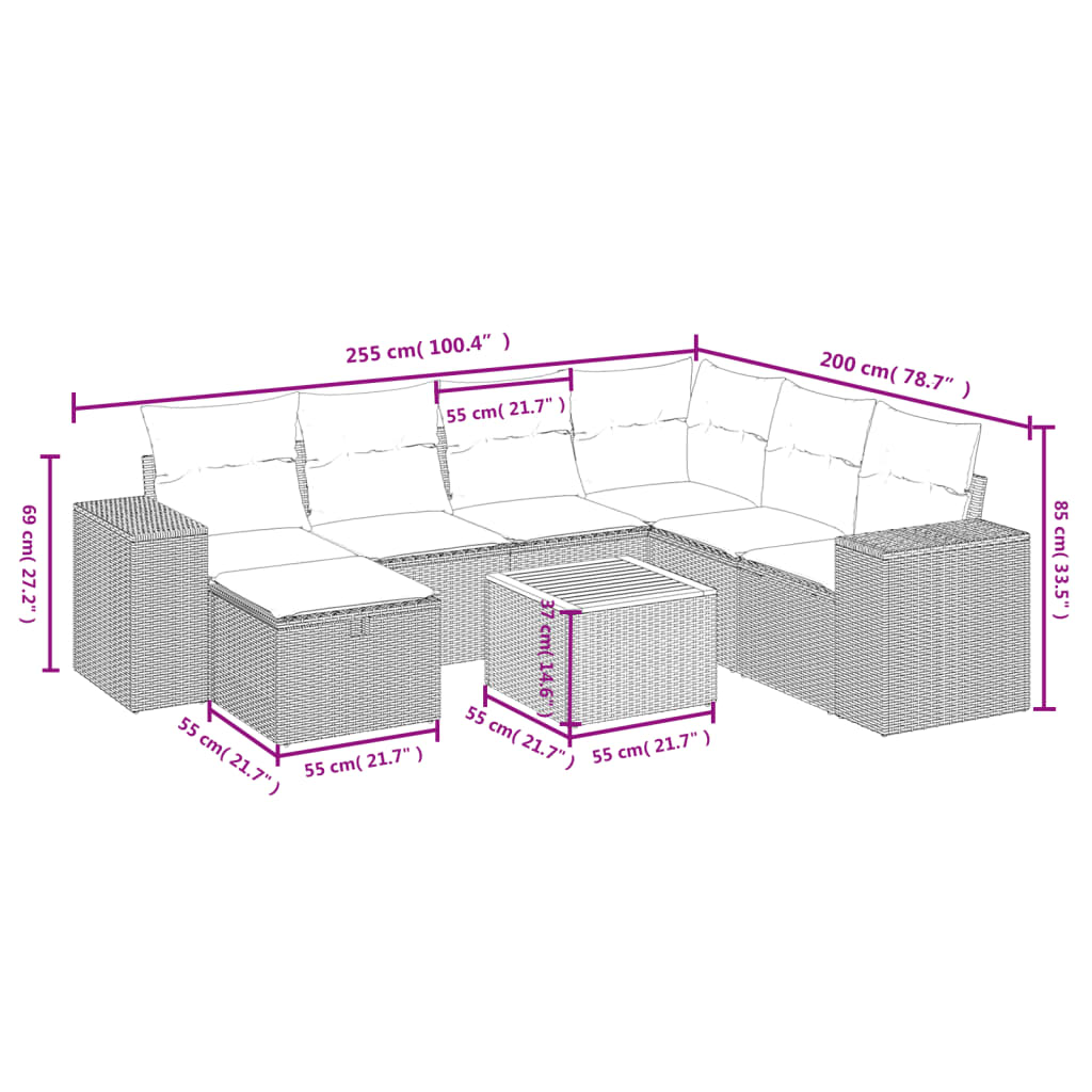 vidaXL 8-tlg. Garten-Sofagarnitur mit Kissen Beige Poly Rattan
