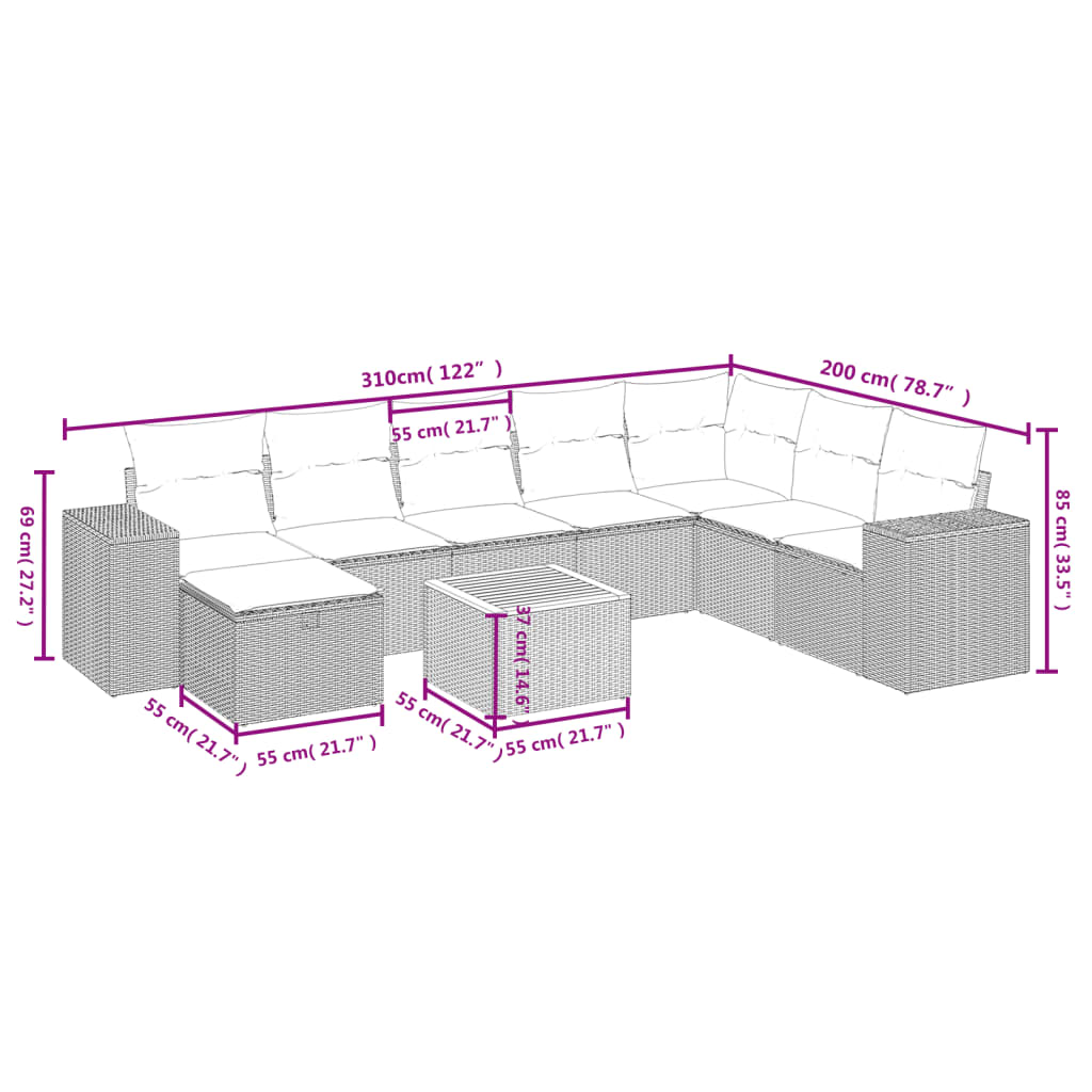 vidaXL 9-tlg. Garten-Sofagarnitur mit Kissen Schwarz Poly Rattan