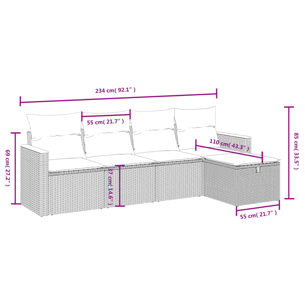 vidaXL 5-tlg. Garten-Sofagarnitur mit Kissen Schwarz Poly Rattan