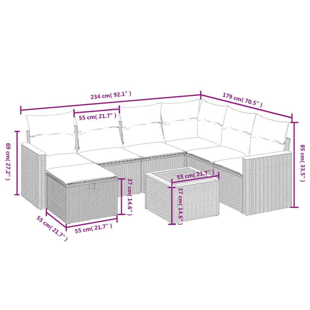 vidaXL 8-tlg. Garten-Sofagarnitur mit Kissen Beige Poly Rattan