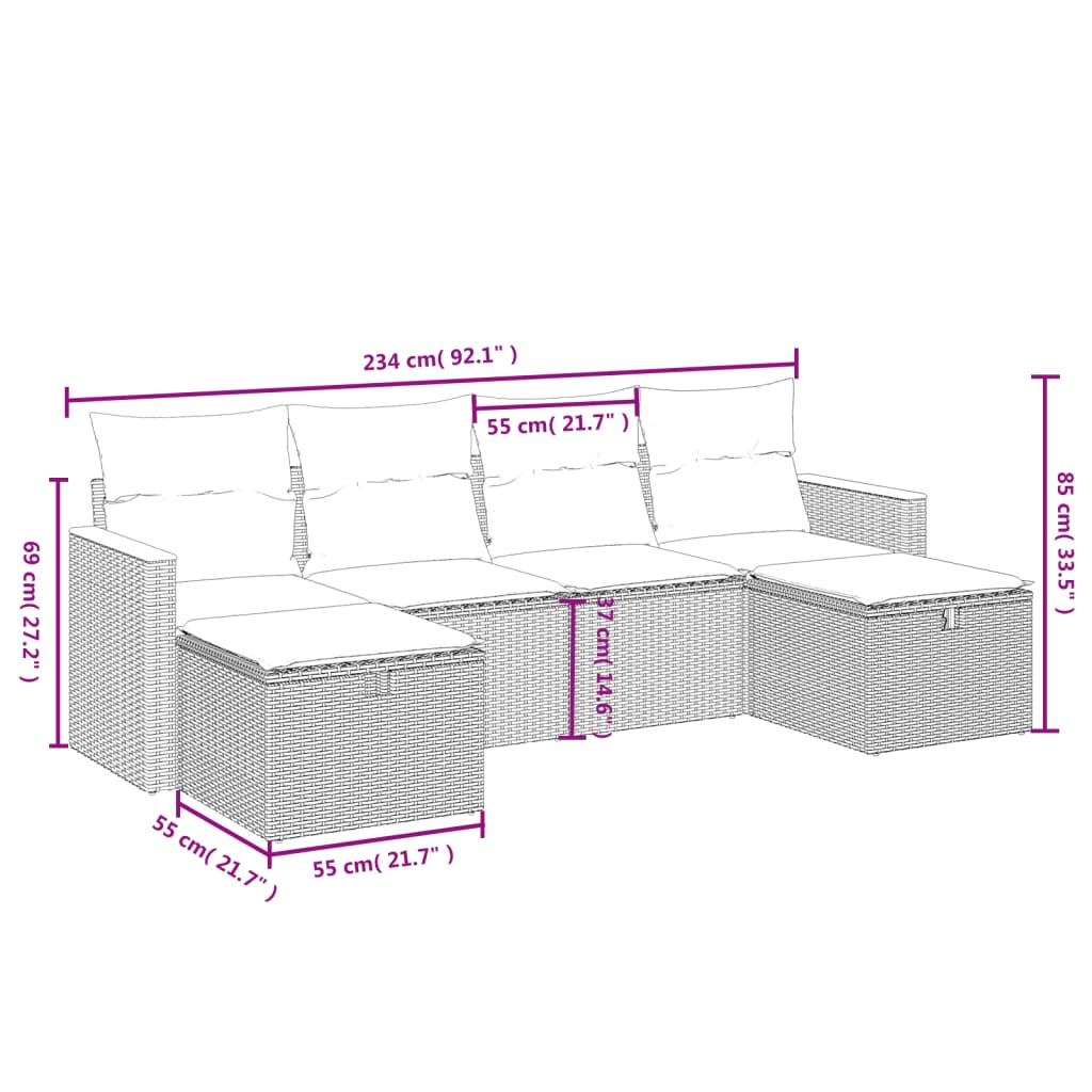 vidaXL 6-tlg. Garten-Sofagarnitur mit Kissen Beige Poly Rattan