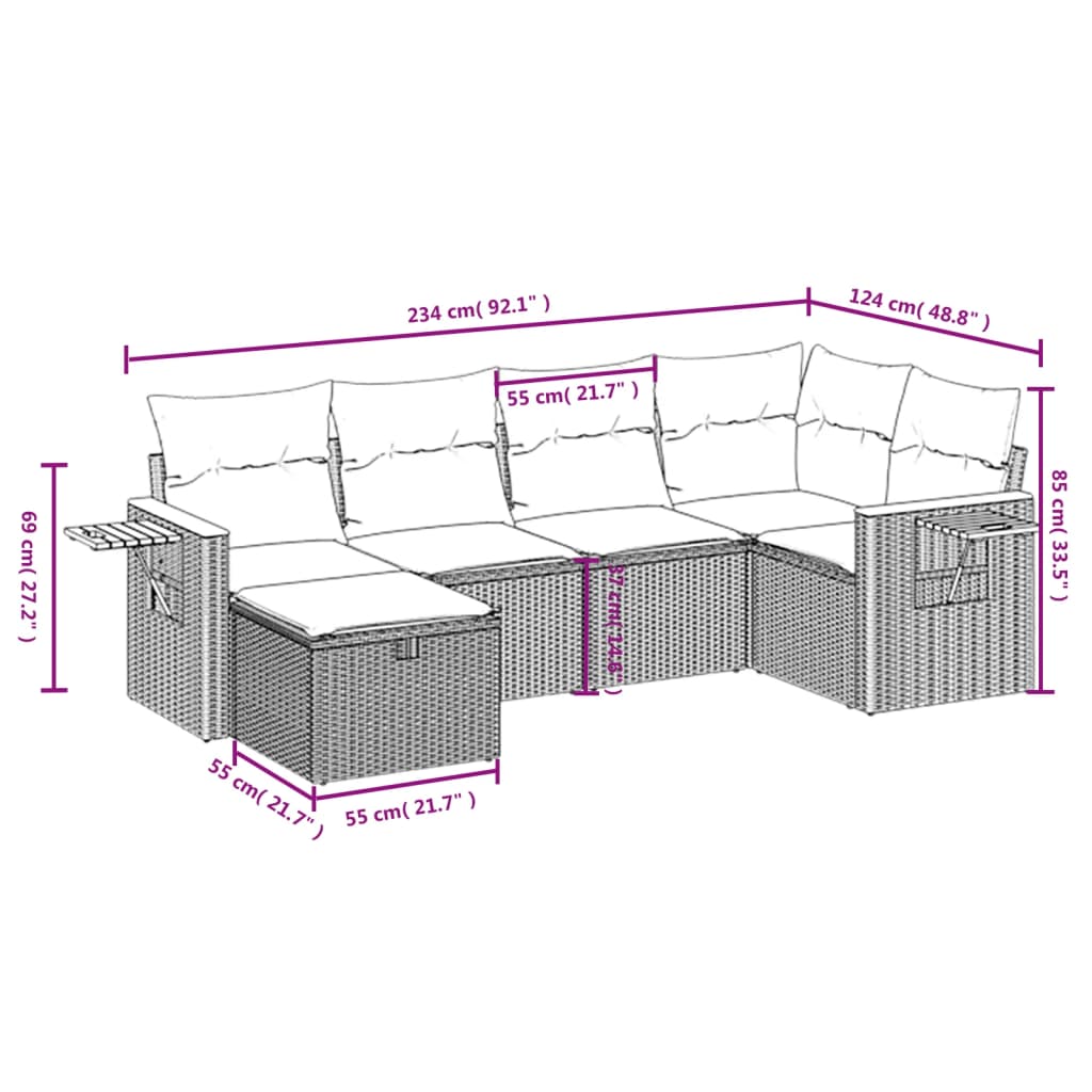 vidaXL 7-tlg. Garten-Sofagarnitur mit Kissen Schwarz Poly Rattan