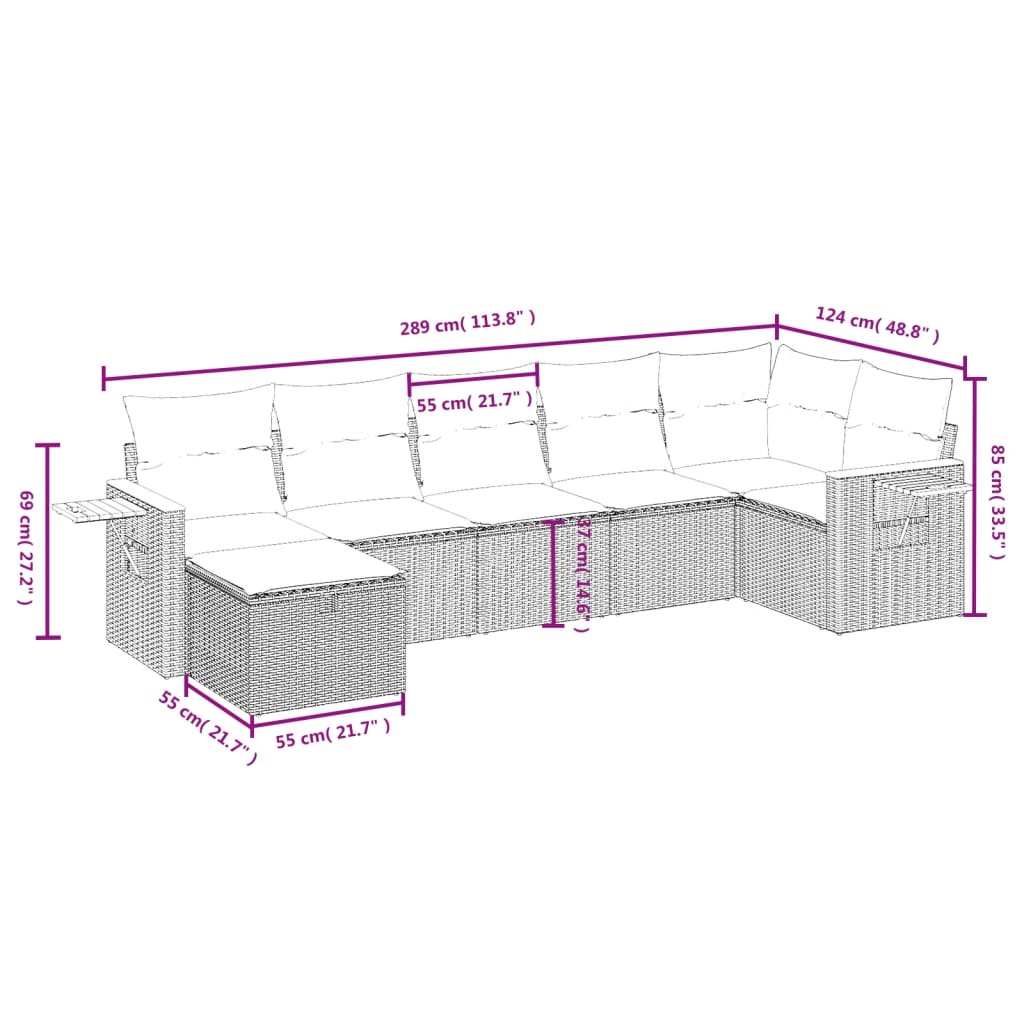 vidaXL 7-tlg. Garten-Sofagarnitur mit Kissen Schwarz Poly Rattan