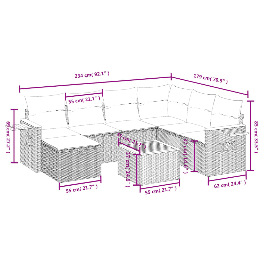 vidaXL 8-tlg. Garten-Sofagarnitur mit Kissen Grau Poly Rattan