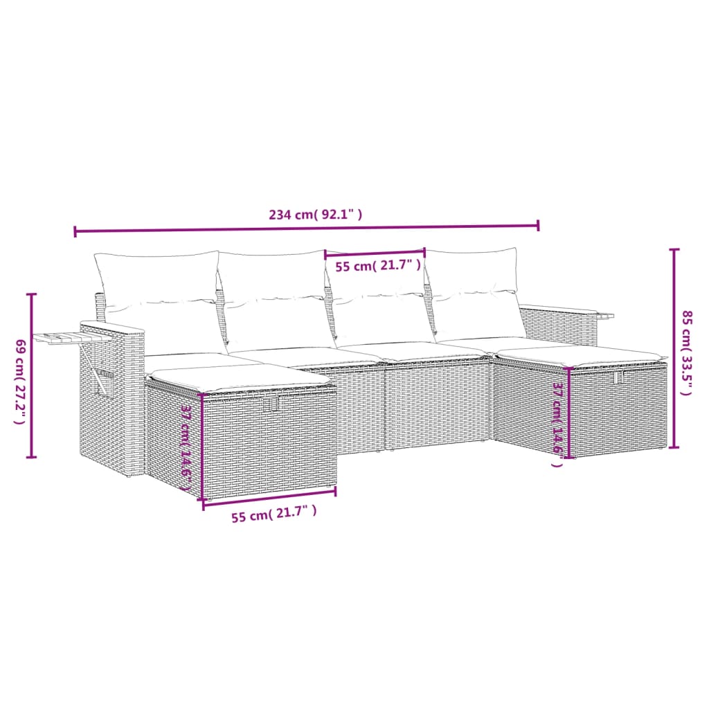 vidaXL 6-tlg. Garten-Sofagarnitur mit Kissen Grau Poly Rattan
