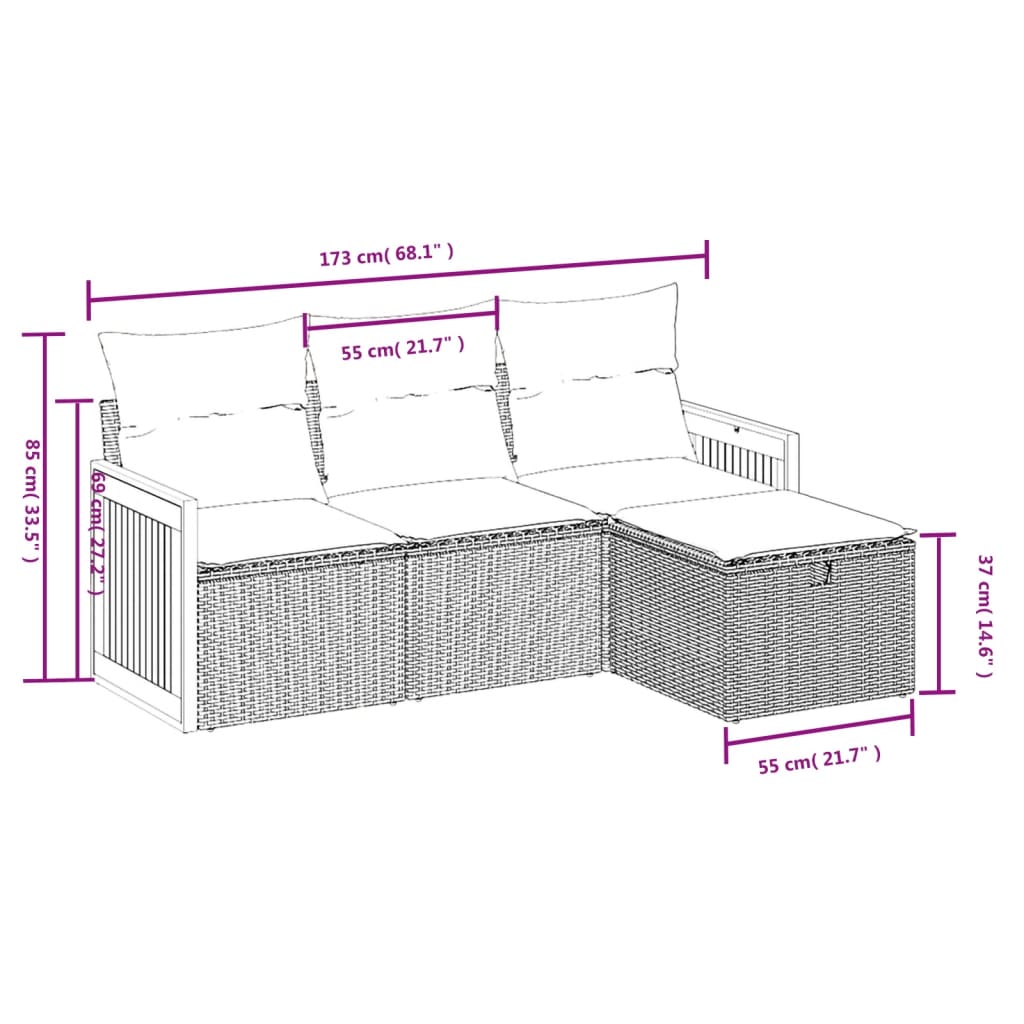 vidaXL Salon de jardin 4 pièces en résine tressée noire avec coussins