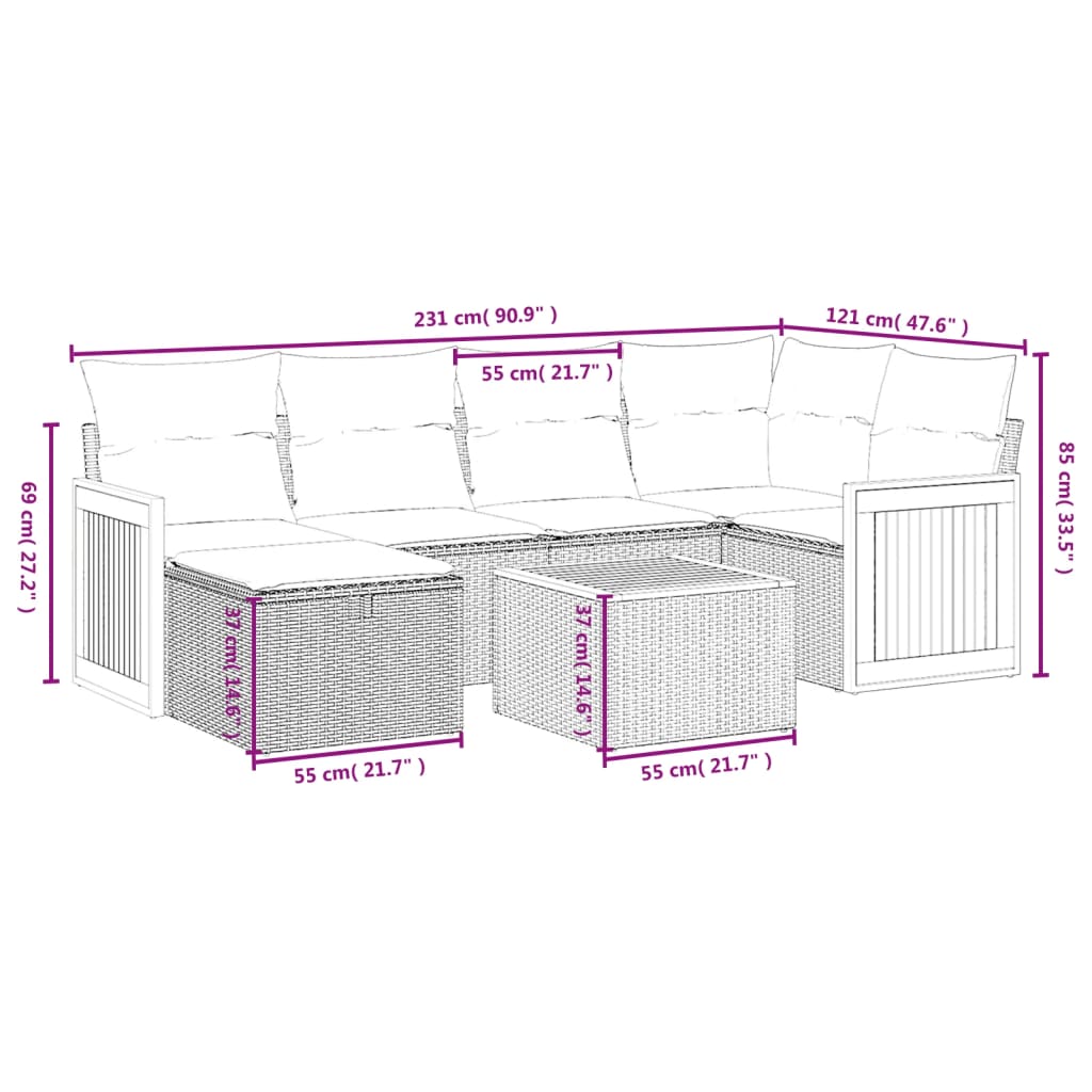 vidaXL 7-tlg. Garten-Sofagarnitur mit Kissen Grau Poly Rattan