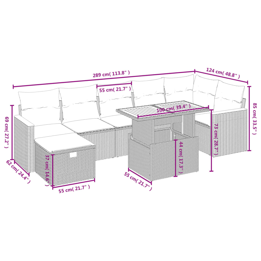 vidaXL 8-tlg. Garten-Sofagarnitur mit Kissen Schwarz Poly Rattan