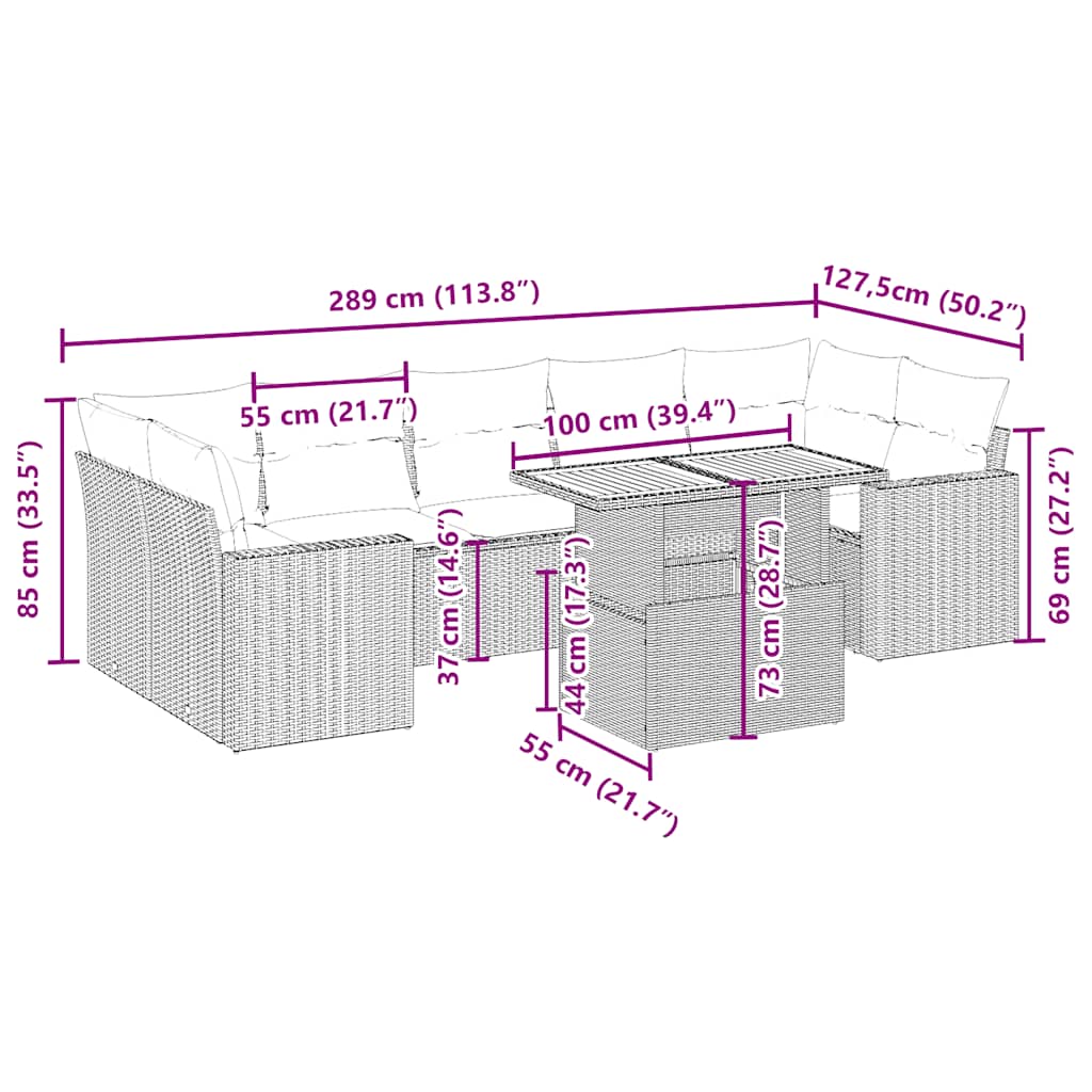 8-tlg. Garten-Sofagarnitur mit Kissen Beige Poly Rattan