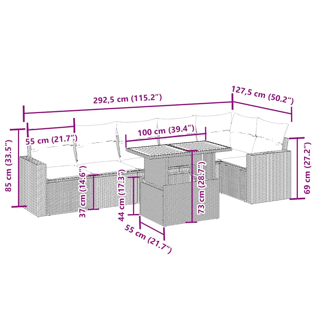 7-tlg. Garten-Sofagarnitur mit Kissen Beige Poly Rattan