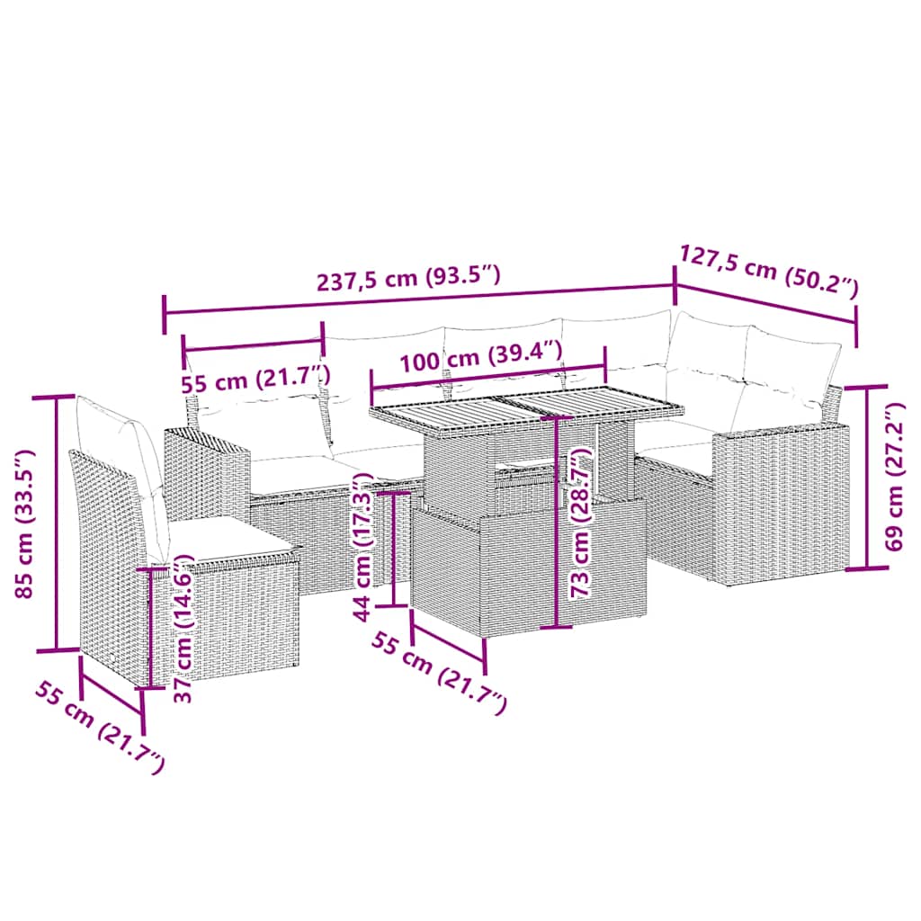 7-tlg. Garten-Sofagarnitur mit Kissen Beige Poly Rattan