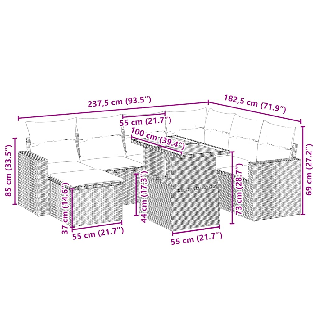 8-tlg. Garten-Sofagarnitur mit Kissen Beige Poly Rattan