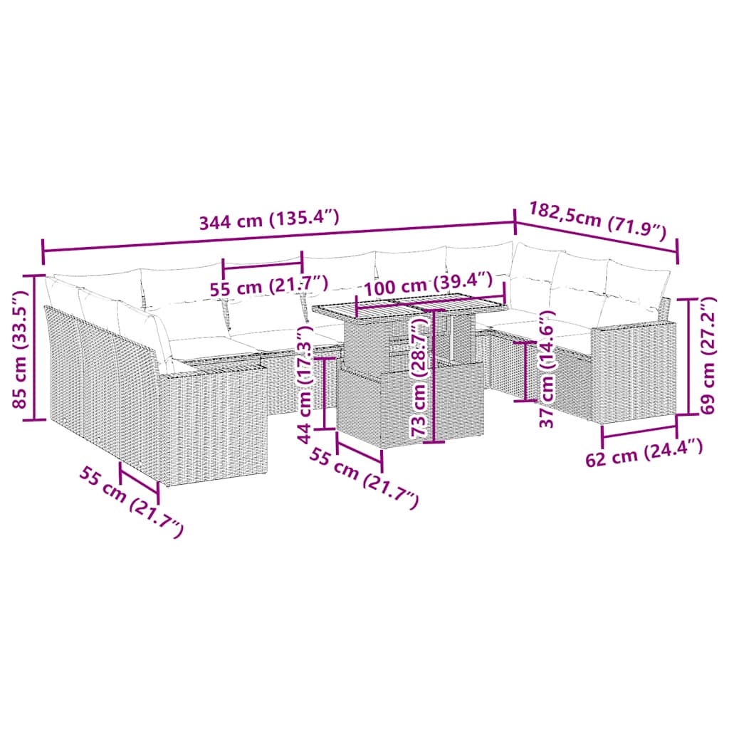 11-tlg. Garten-Sofagarnitur mit Kissen Beige Poly Rattan