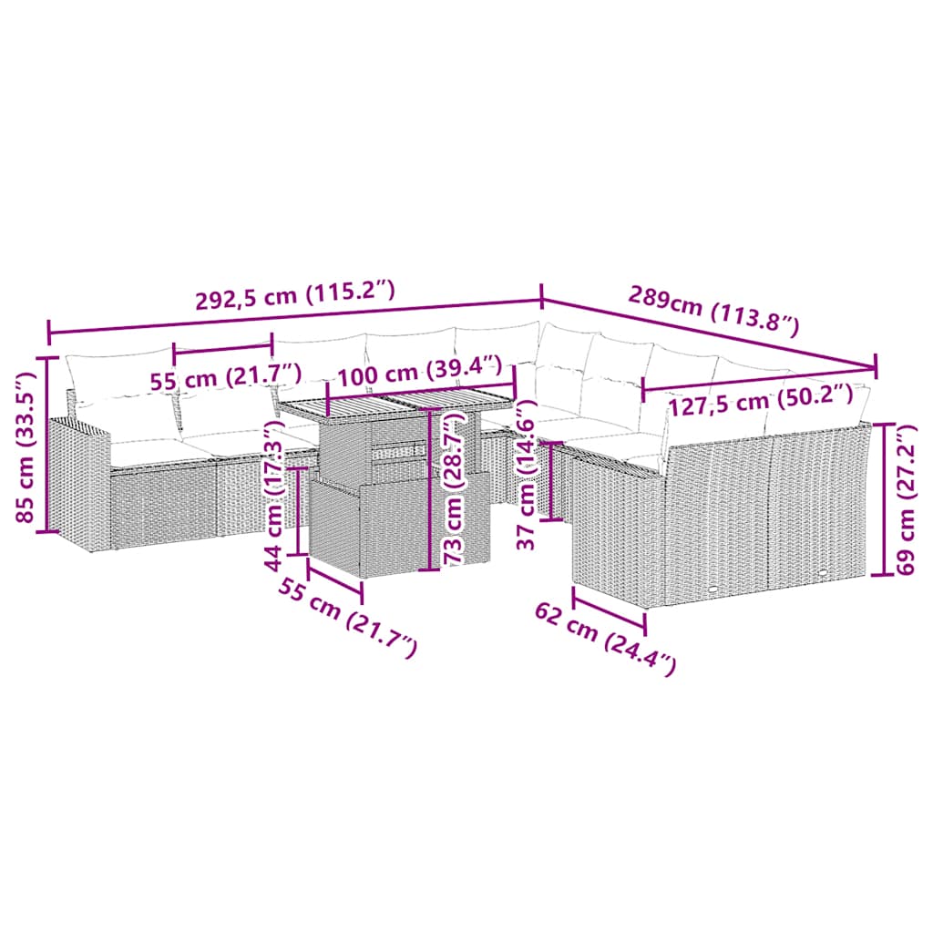 11-tlg. Garten-Sofagarnitur mit Kissen Beige Poly Rattan