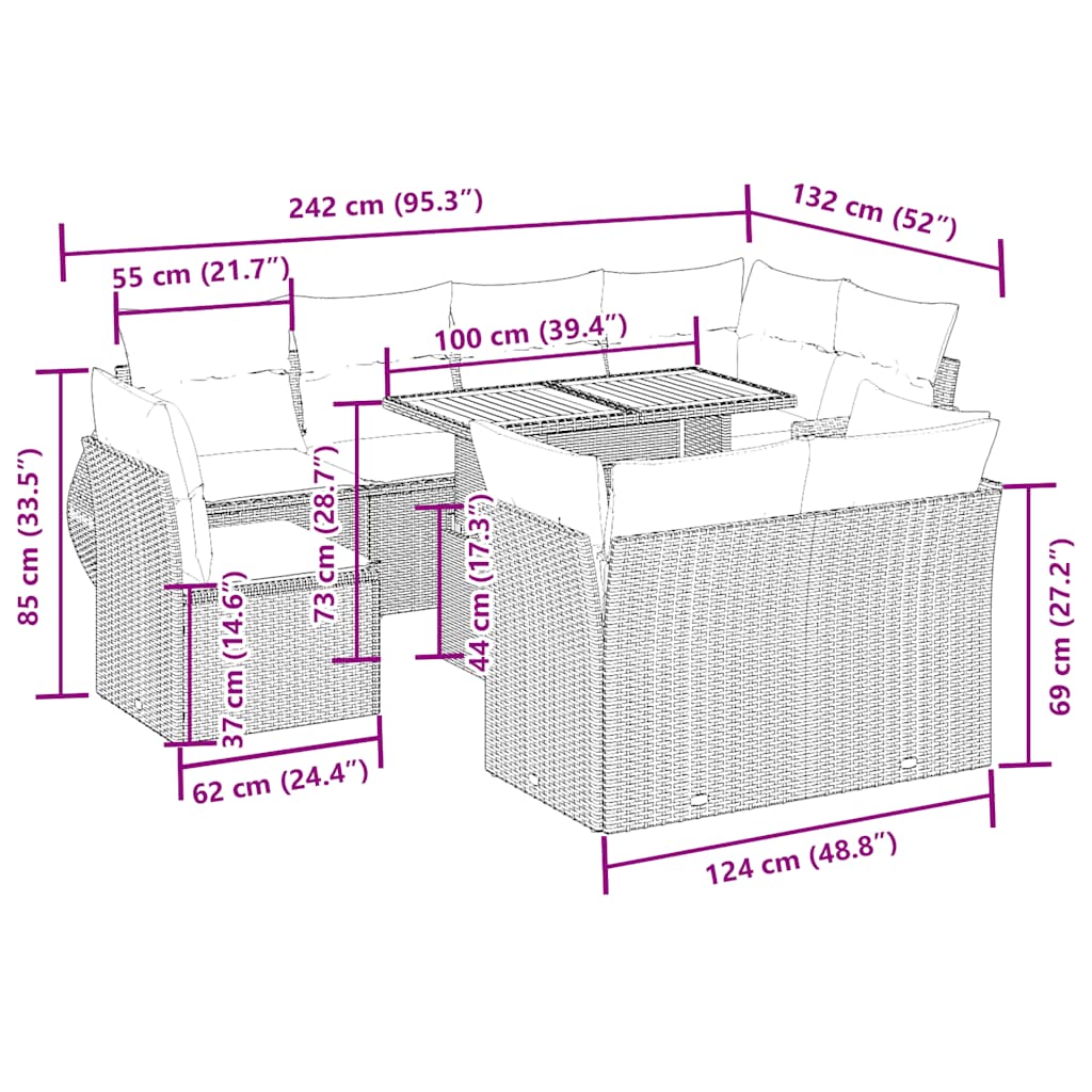 9-tlg. Garten-Sofagarnitur mit Kissen Beige Poly Rattan