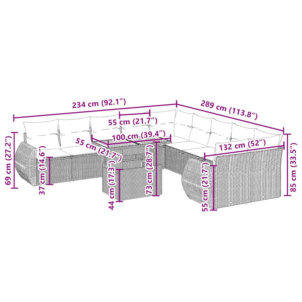 11-tlg. Garten-Sofagarnitur mit Kissen Beige Poly Rattan