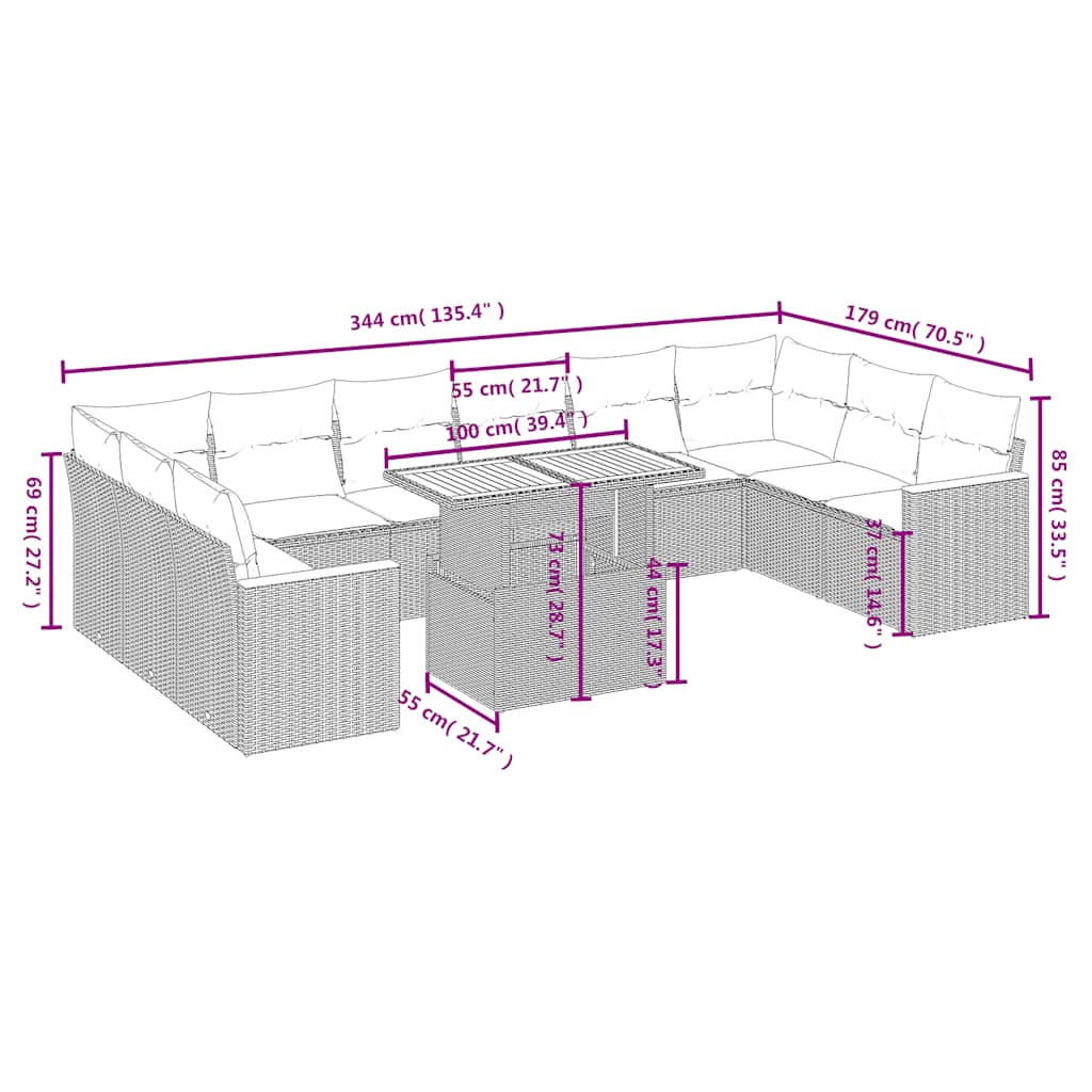 11-tlg. Garten-Sofagarnitur mit Kissen Beige Poly Rattan
