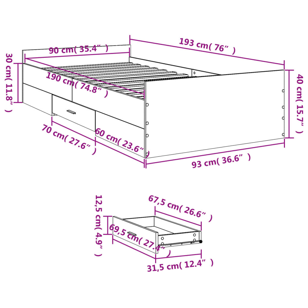 vidaXL Cadre de lit avec tiroirs Chêne Sonoma 90x190 cm Bois d'ingénierie