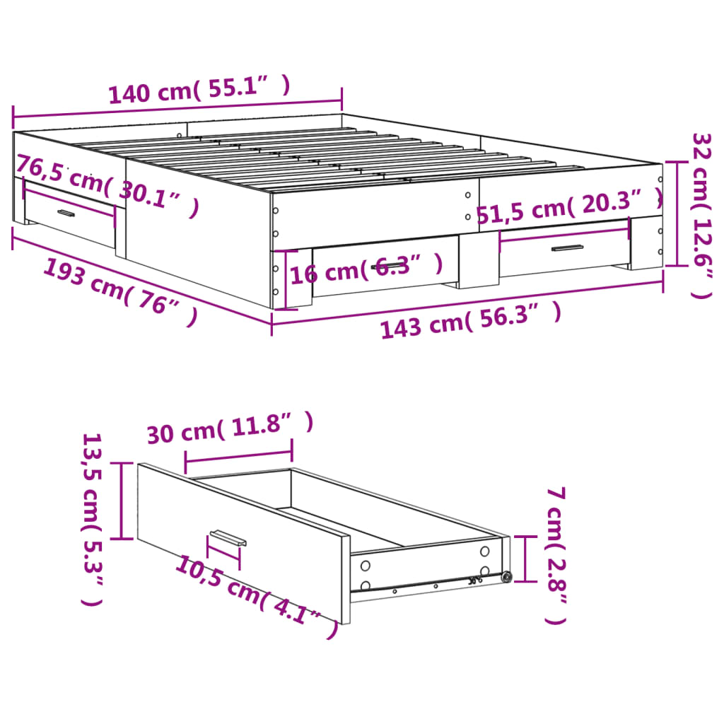 Bettgestell mit Schubladen Sonoma-Eiche 140x190cm Holzwerkstoff
