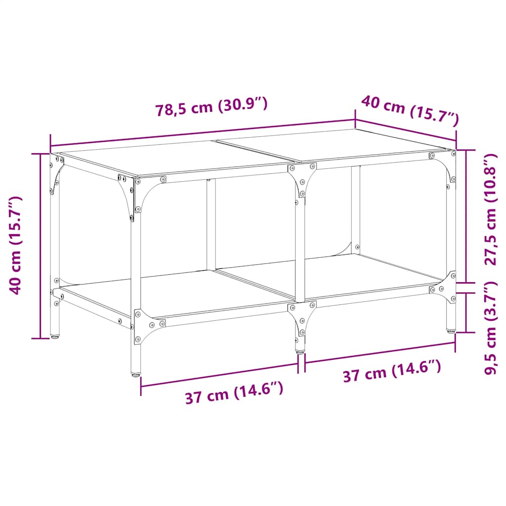 vidaXL Couchtisch mit Glasplatte Transparent 78,5x40x40 cm Stahl