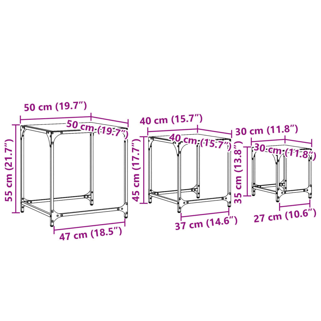 vidaXL Tables gigognes 3 pcs avec plateau en verre Transparent Acier