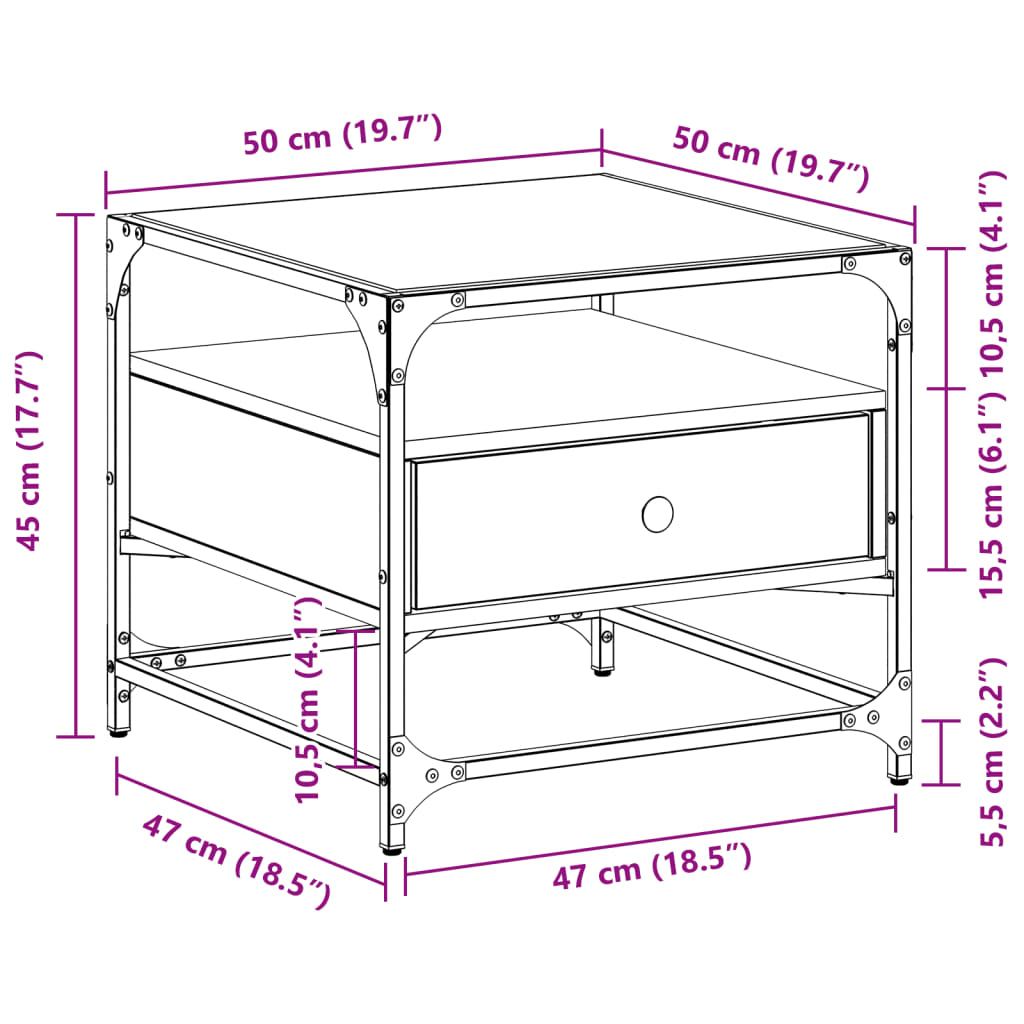 vidaXL Couchtisch mit Glasplatte Braun Eichen-Optik 50x50x45 cm Stahl