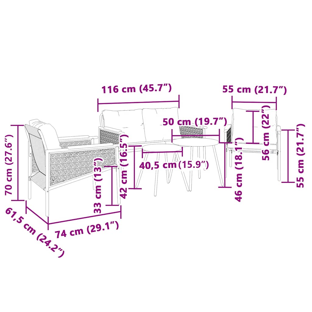 vidaXL 5-tlg. Balkonmöbel-Set mit Kissen Schwarz Stahl