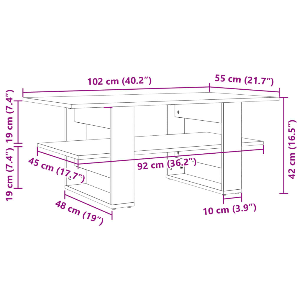 vidaXL Table basse chêne Sonoma 102x55x42 cm bois d'ingénierie