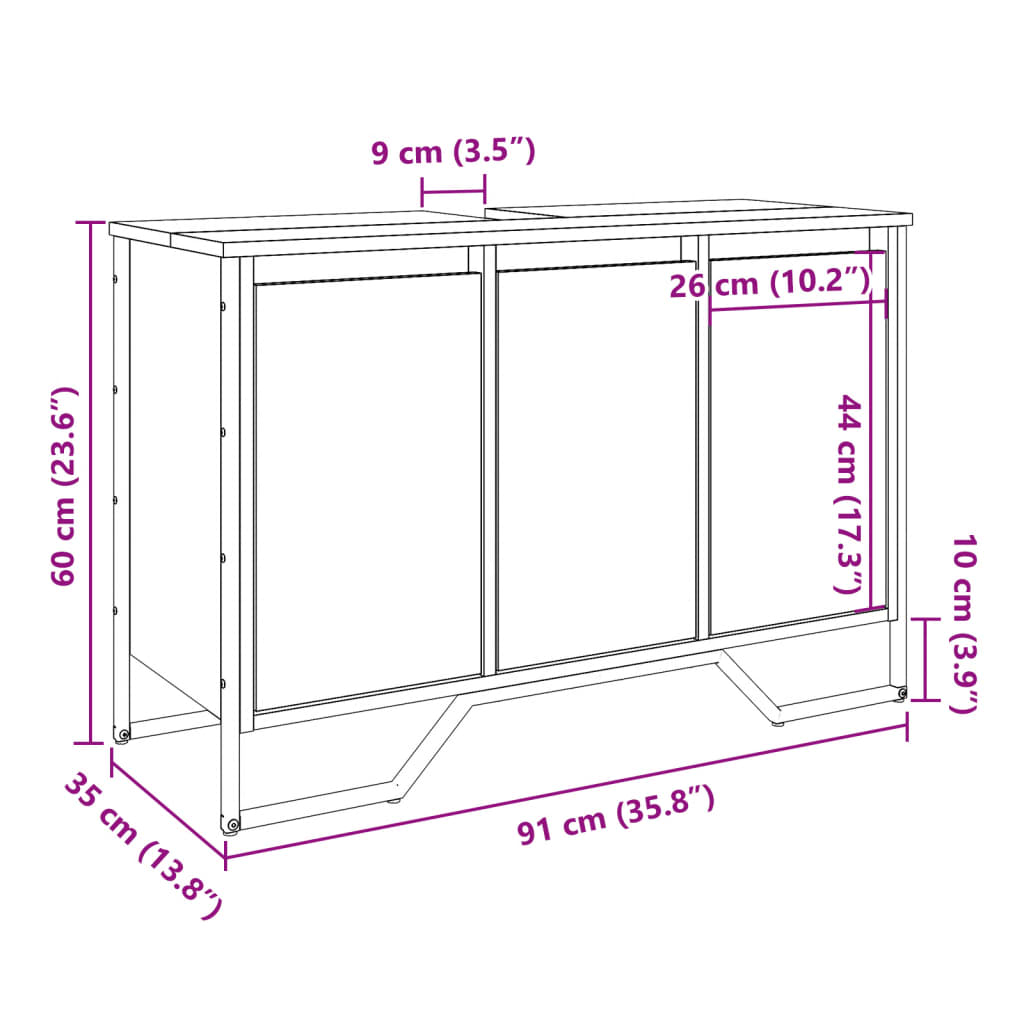 vidaXL Waschbeckenunterschrank Räuchereiche 91x35x60 cm Holzwerkstoff