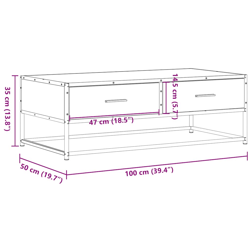 vidaXL Couchtisch Braun Eichen-Optik 100x50x35 cm Holzwerkstoff Metall