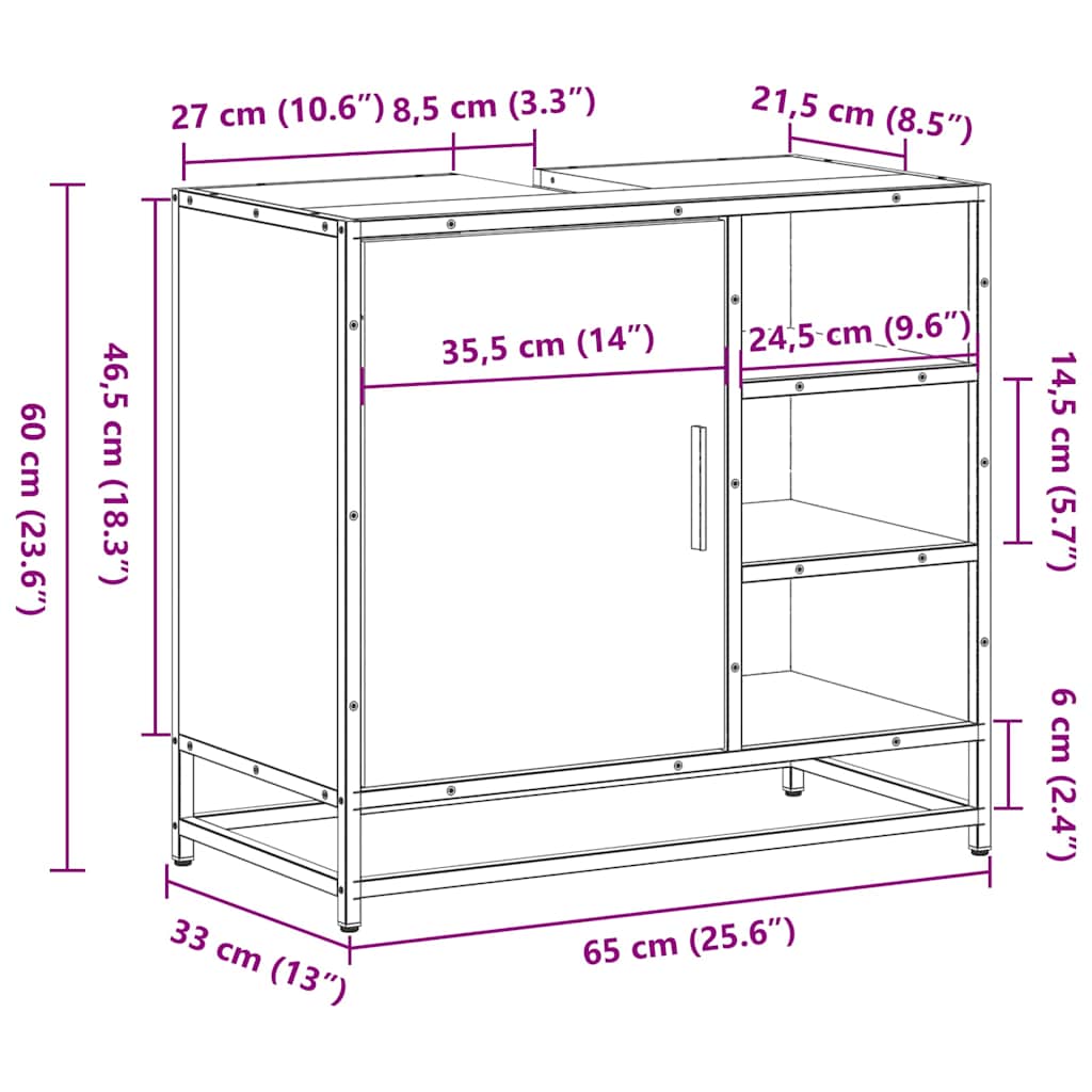 vidaXL Waschbeckenunterschrank Grau Sonoma 65x33x60 cm Holzwerkstoff
