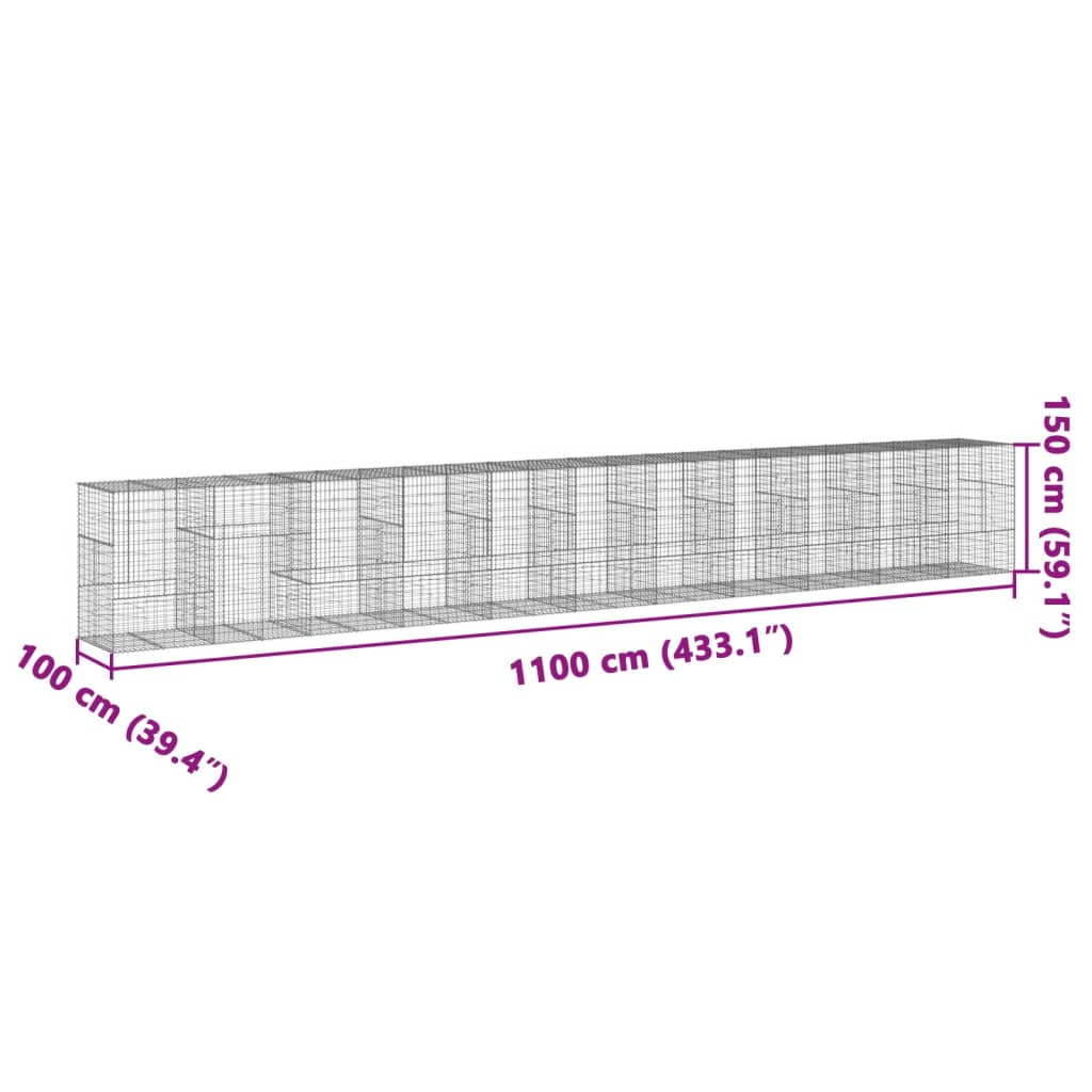 vidaXL Gabione mit Deckel 1100x100x150 cm Verzinktes Eisen