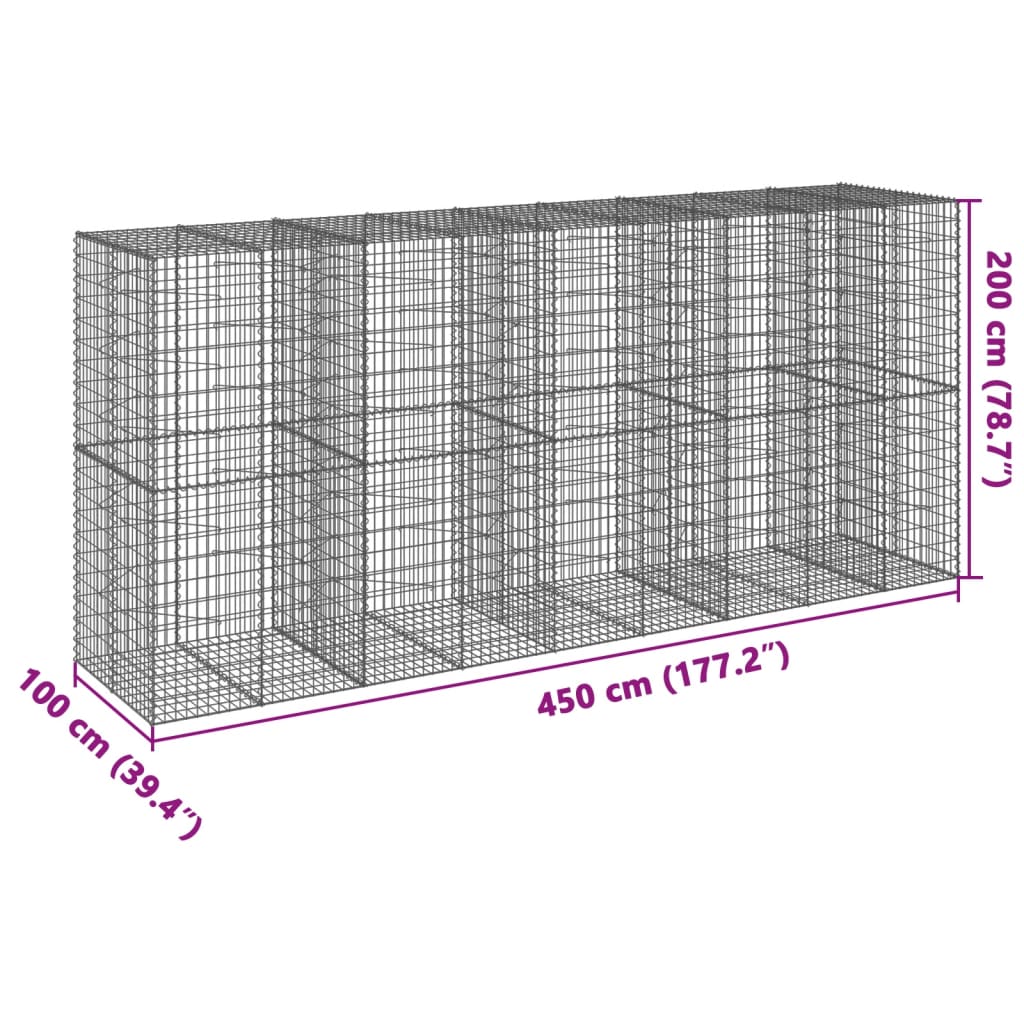 vidaXL Gabione mit Deckel 450x100x200 cm Verzinktes Eisen