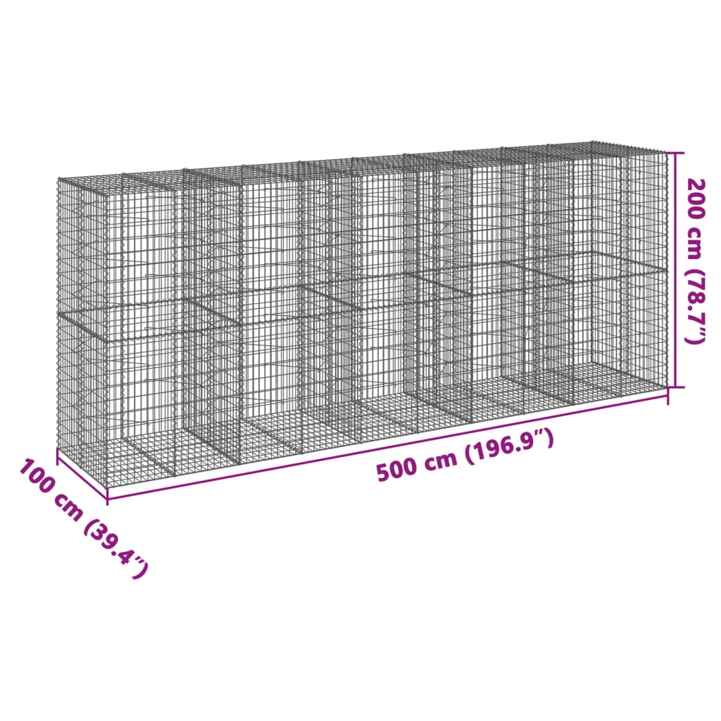 vidaXL Gabione mit Deckel 500x100x200 cm Verzinktes Eisen