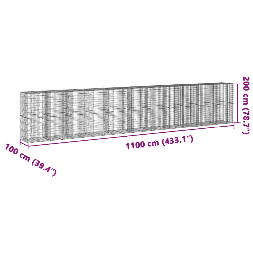 vidaXL Gabione mit Deckel 1100x100x200 cm Verzinktes Eisen