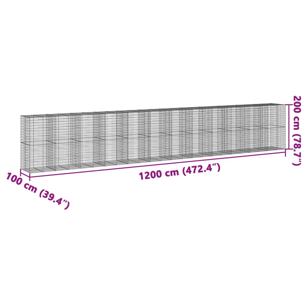 vidaXL Gabione mit Deckel 1200x100x200 cm Verzinktes Eisen