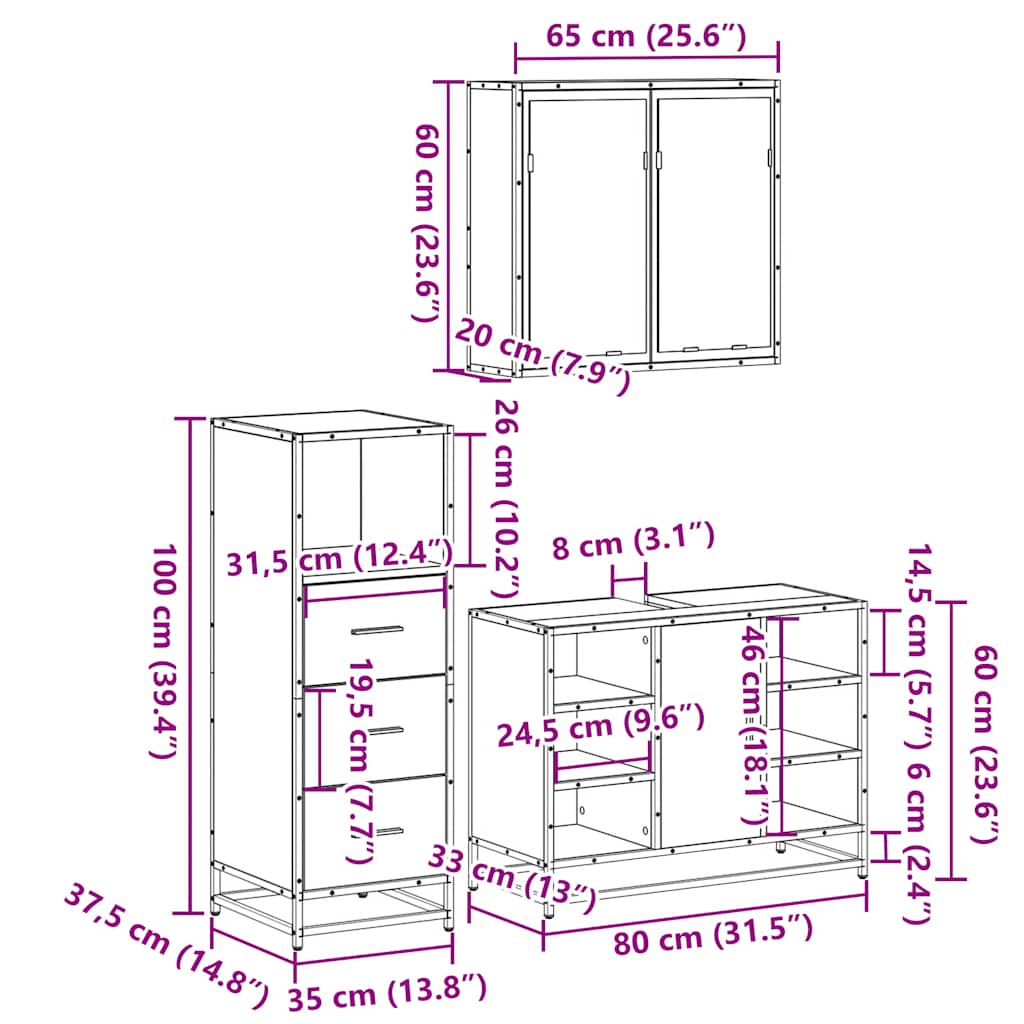 vidaXL 3-tlg. Badmöbel-Set Räuchereiche Holzwerkstoff